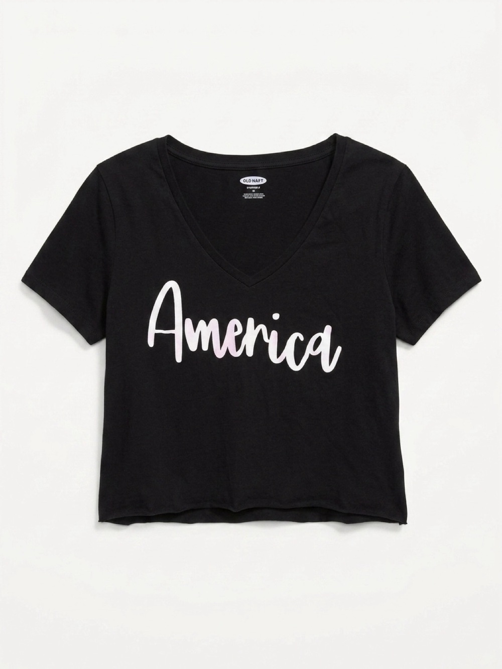 Old Navy Black Crop V-Neck Tee with White "America" Script